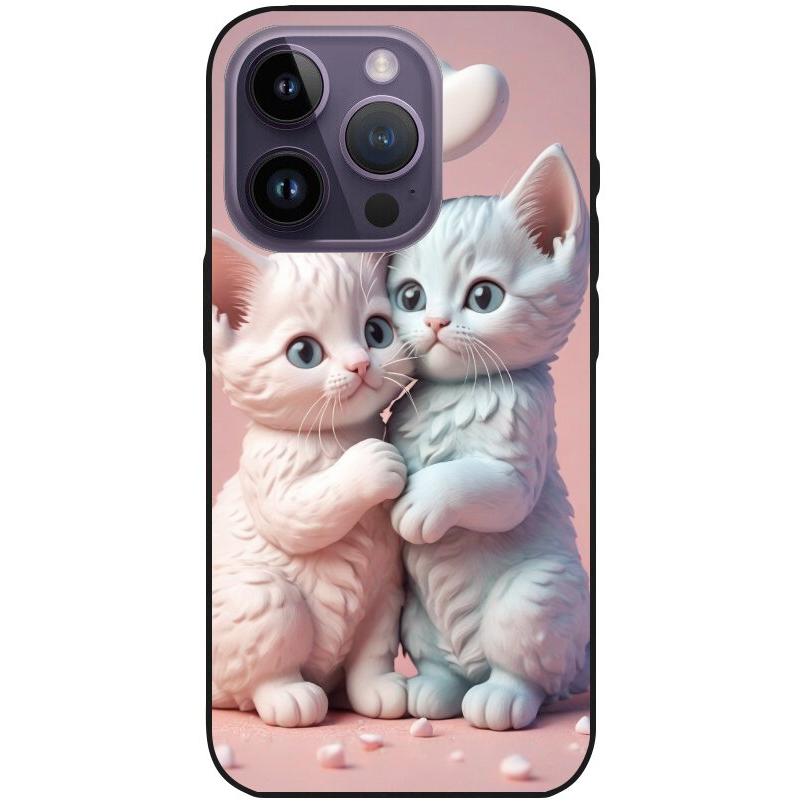 Hülle iPhone 14 Pro - Silikonhülle schwarz mit Motiv 1 zwei Kätzchen mit Herzen rosa - personalisierbar