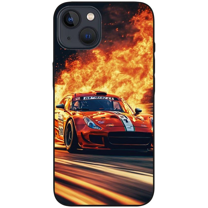Hülle iPhone 13 - Silikonhülle schwarz mit Motiv 28 roter Sportwagen in Flammen - personalisierbar