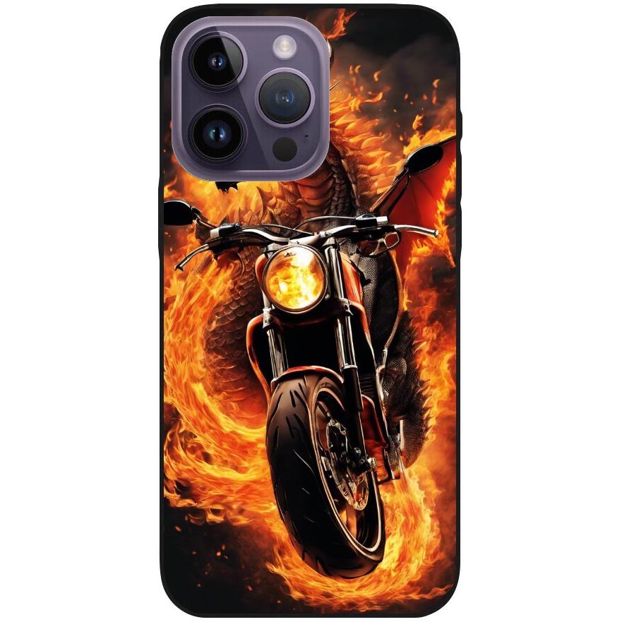 Hülle iPhone 14 Pro Max - Silikonhülle schwarz mit Motiv 33 Feuerdrache auf Motorrad - personalisierbar