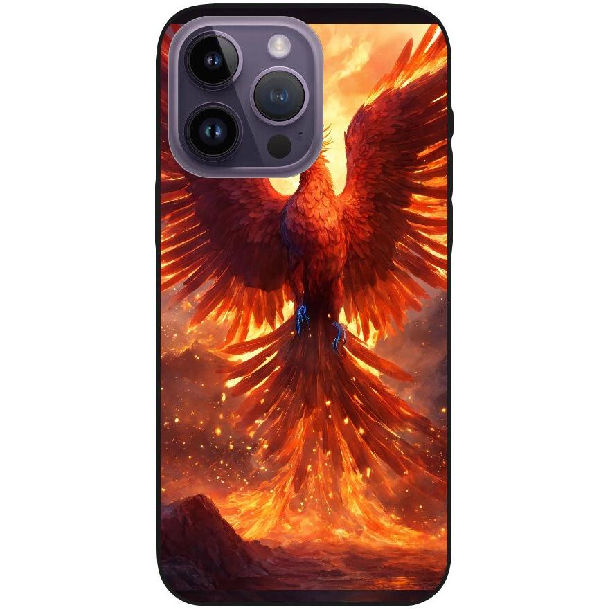 Hülle iPhone 14 Pro Max - Silikonhülle schwarz mit Motiv 42 Feuer Phönix - personalisierbar