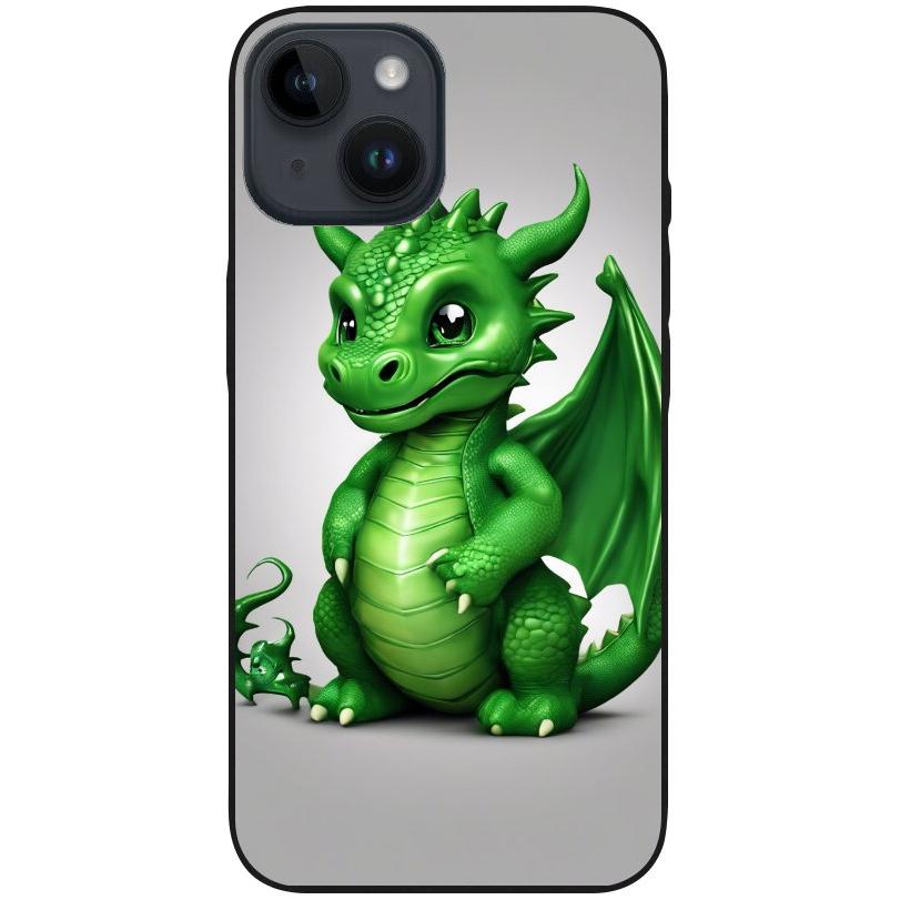 Hülle iPhone 14 - Silikonhülle schwarz mit Motiv 3 grüner Baby Drache - personalisierbar
