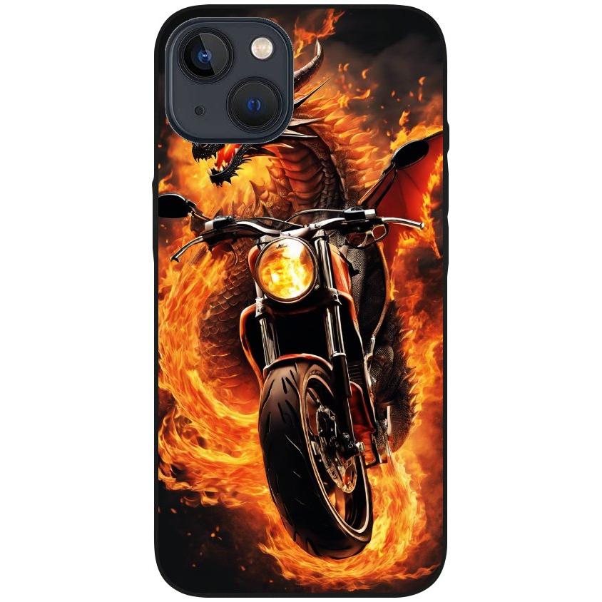 Hülle iPhone 13 - Silikonhülle schwarz mit Motiv 33 Feuerdrache auf Motorrad - personalisierbar