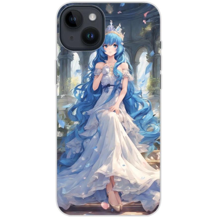 Handyhülle iPhone 14 Plus aus transparentem Silikon mit Motiv 34 Anime blaue lange Haare - personalisierbar