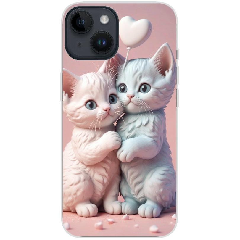 Handyhülle iPhone 14 aus transparentem Silikon mit Motiv 1 zwei Kätzchen mit Herzen rosa - personalisierbar