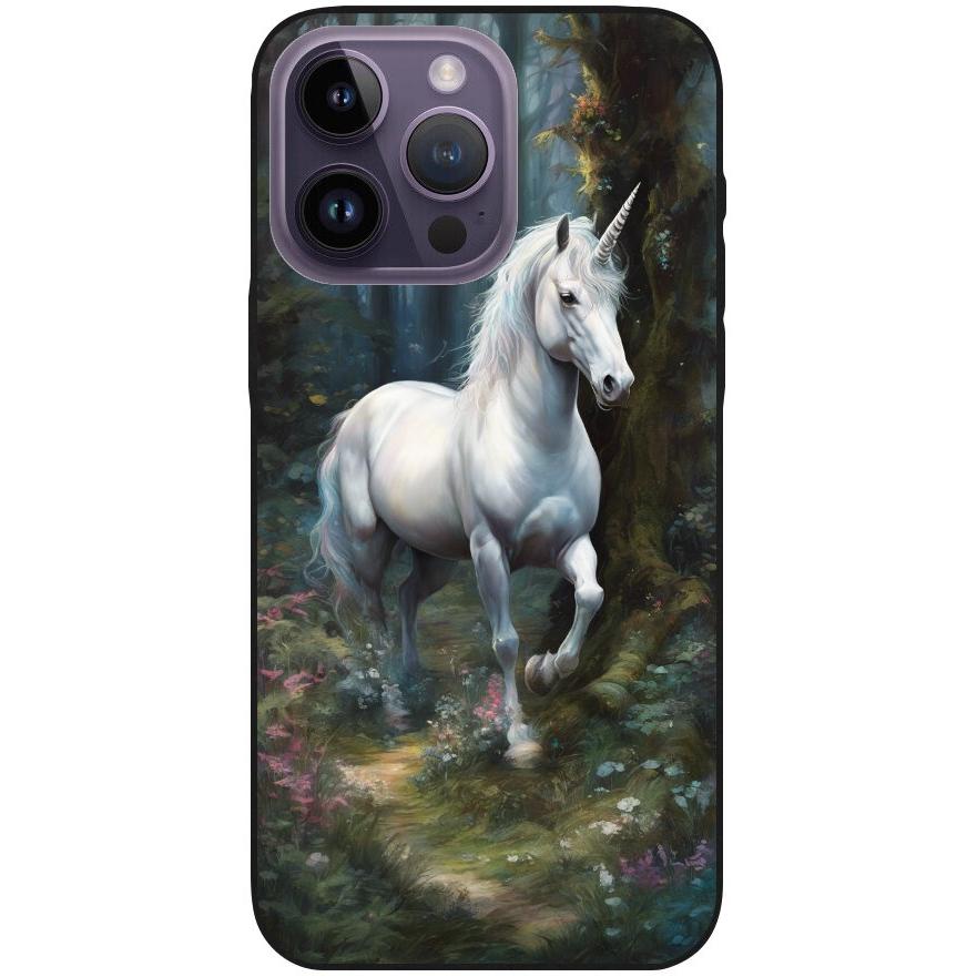 Hülle iPhone 14 Pro Max - Silikonhülle schwarz mit Motiv 44 Einhorn weiß - personalisierbar