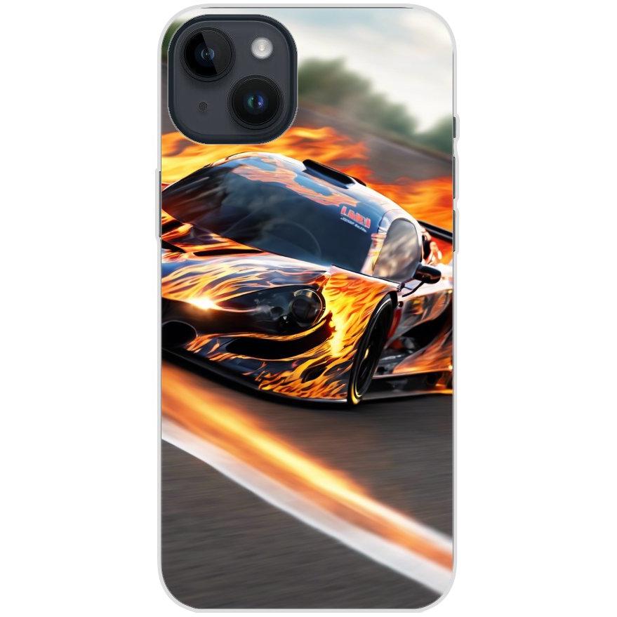 Handyhülle iPhone 14 Plus aus transparentem Silikon mit Motiv 13 Sportwagen in Flammen - personalisierbar