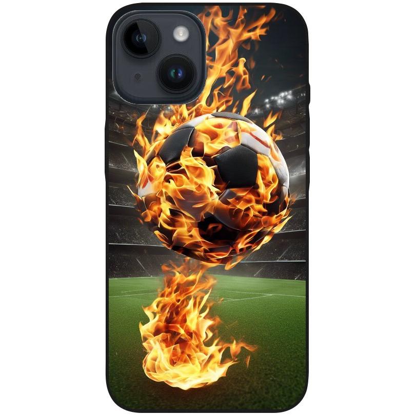 Hülle iPhone 14 - Silikonhülle schwarz mit Motiv 38 Fußball in Flammen - personalisierbar