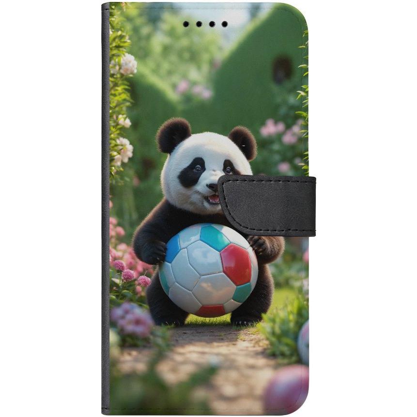 iPhone 14 Plus Handyhülle aus Kunstleder mit Lasche Motiv 49 Panda animiert mit Bällen - personalisierbar