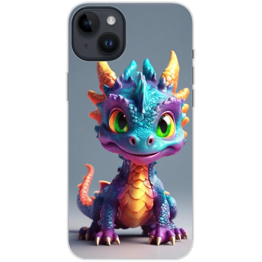 Handyhülle iPhone 14 Plus aus transparentem Silikon mit Motiv 21 bunter Baby Drache - personalisierbar