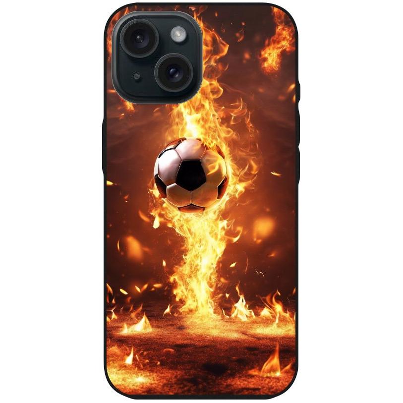 Handyhülle iPhone 15 - Silikonhülle schwarz mit Motiv 37 Fußball in Feuer - personalisierbar
