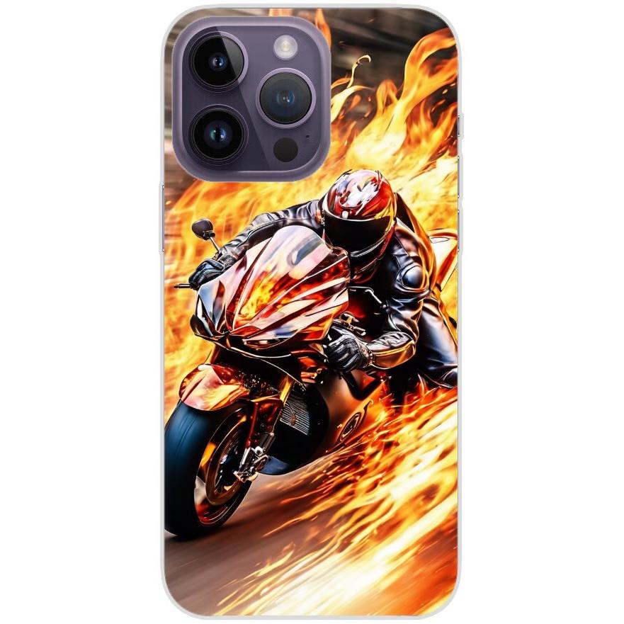 Handyhülle iPhone 14 Pro Max aus transparentem Silikon 14 Motorradfahrer in Flammen - personalisierbar