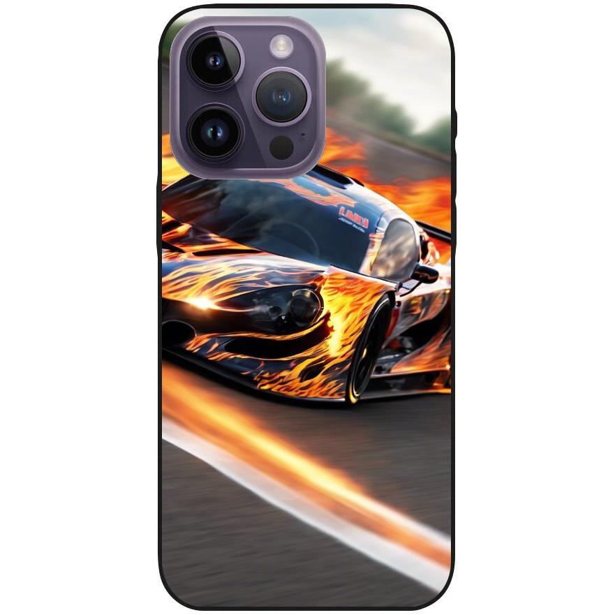 Hülle iPhone 14 Pro Max - Silikonhülle schwarz mit Motiv 13 Sportwagen in Flammen - personalisierbar