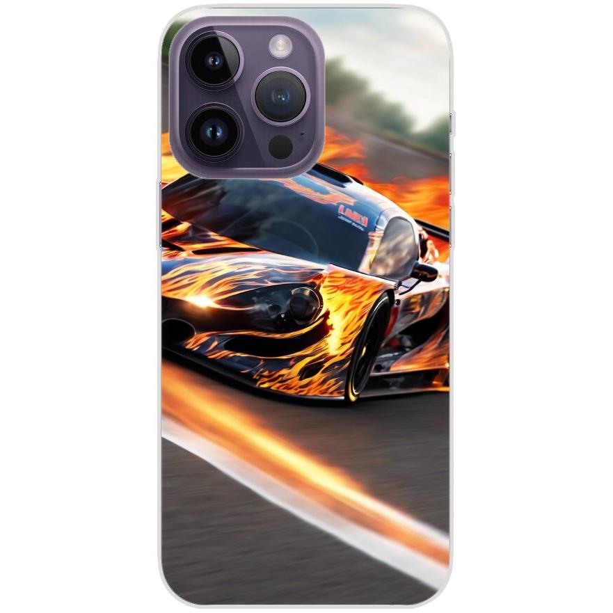 Handyhülle iPhone 14 Pro Max aus transparentem Silikon 13 Sportwagen in Flammen - personalisierbar