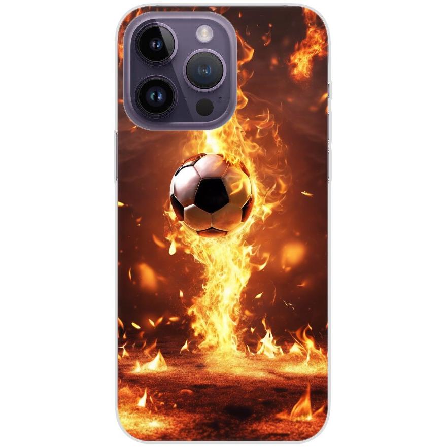 Handyhülle iPhone 14 Pro Max aus transparentem Silikon 37 Fußball in Feuer - personalisierbar