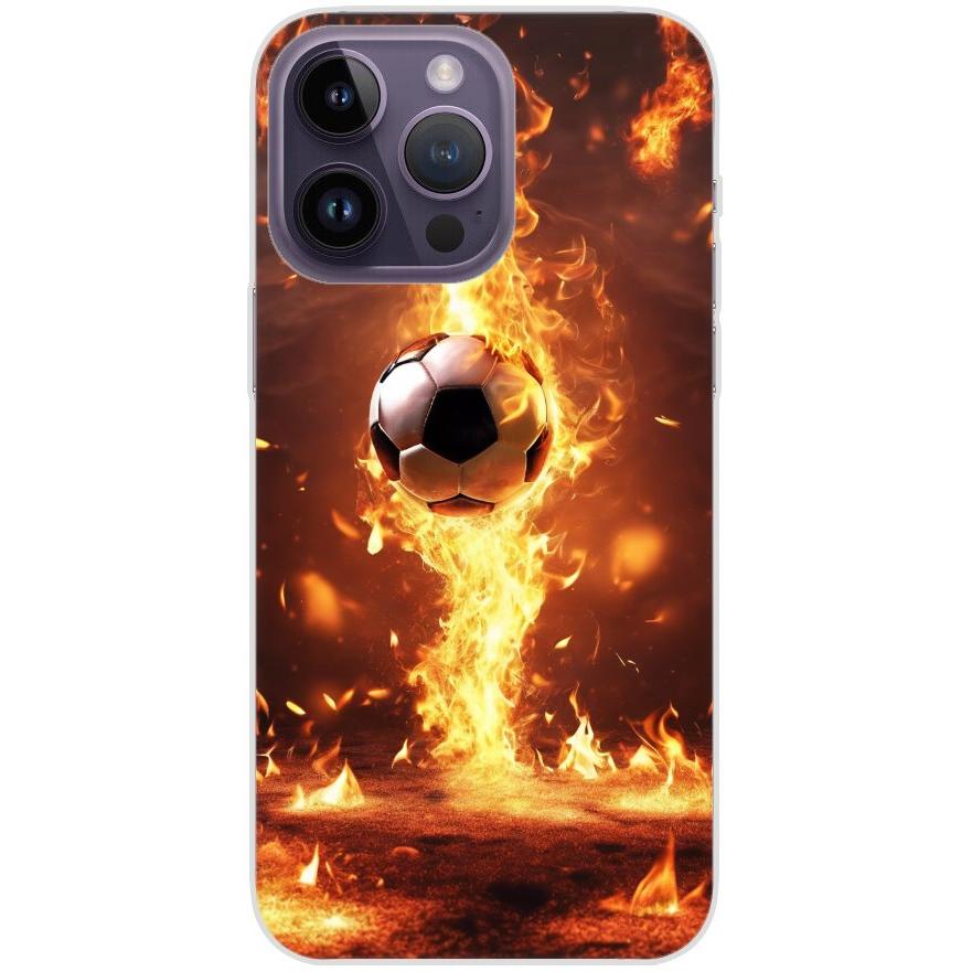 Handyhülle iPhone 14 Pro Max aus transparentem Silikon 37 Fußball in Feuer - personalisierbar