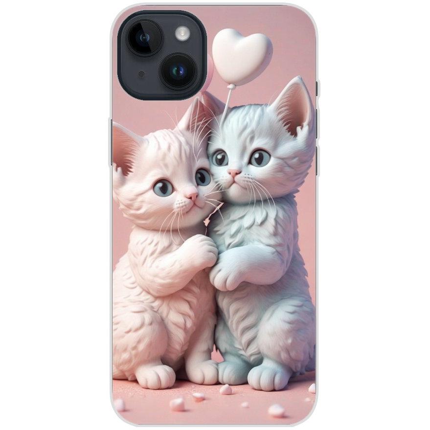Handyhülle iPhone 14 Plus aus transparentem Silikon mit Motiv 1 zwei Kätzchen mit Herzen rosa - personalisierbar