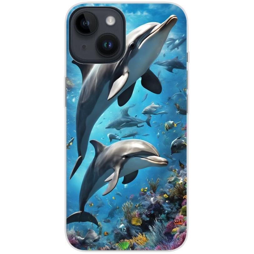 Handyhülle iPhone 14 aus transparentem Silikon mit Motiv 40 Delfine - personalisierbar