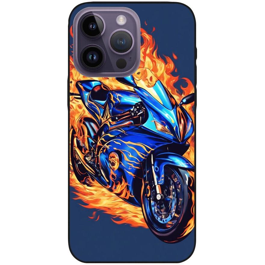 Hülle iPhone 14 Pro Max - Silikonhülle schwarz mit Motiv 2 Motorrad in Flammen - personalisierbar