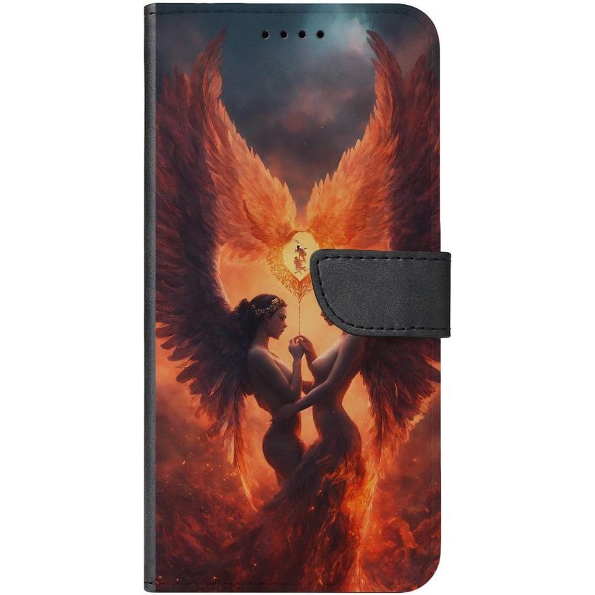 iPhone 15 Plus Handyhülle aus Kunstleder mit Lasche Motiv 23 Feuerengel - personalisierbar