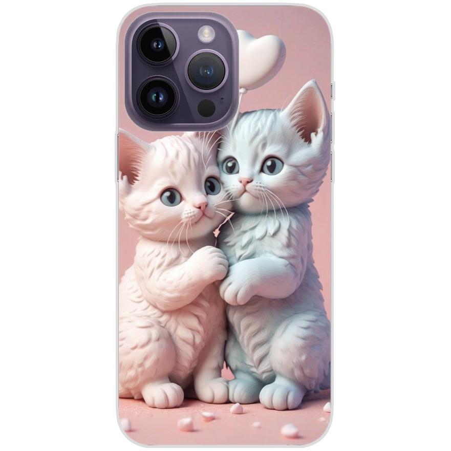 Handyhülle iPhone 14 Pro Max aus transparentem Silikon 1 zwei Kätzchen mit Herzen rosa - personalisierbar