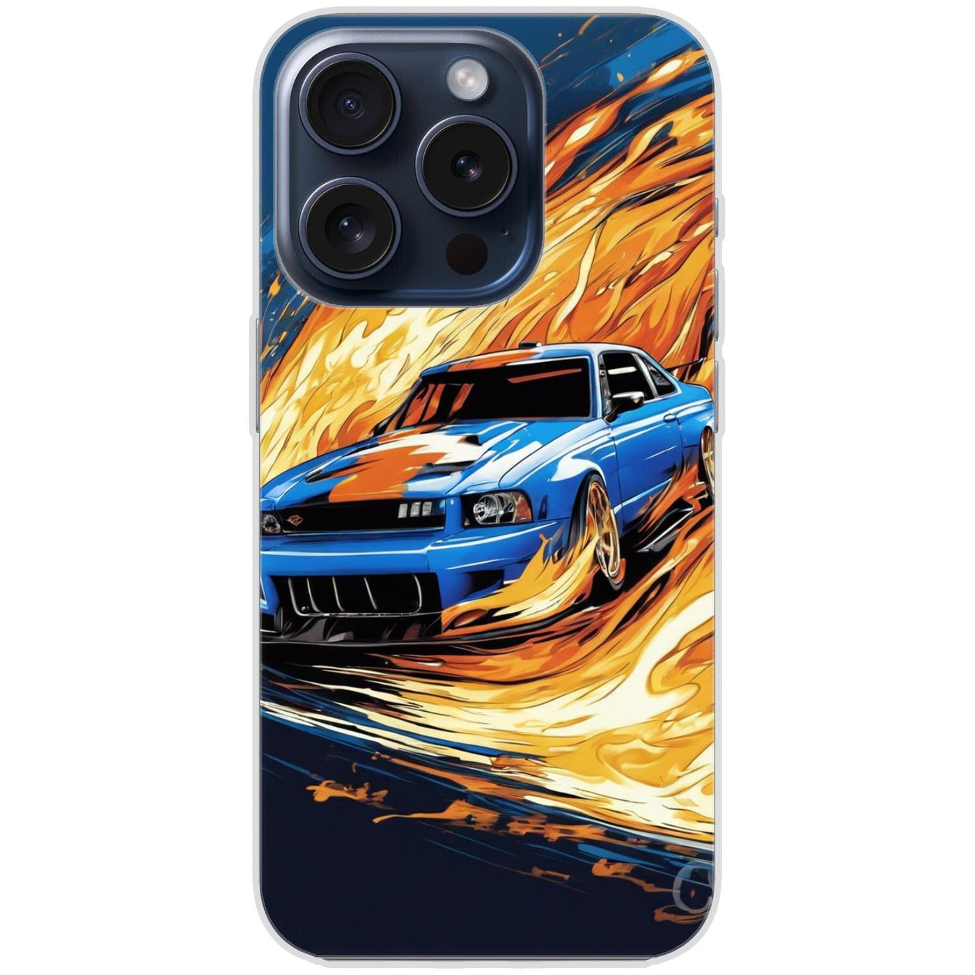 Handyhülle iPhone 15 Pro aus transparentem Silikon mit Motiv 15 blaues Auto in Flammen - personalisierbar