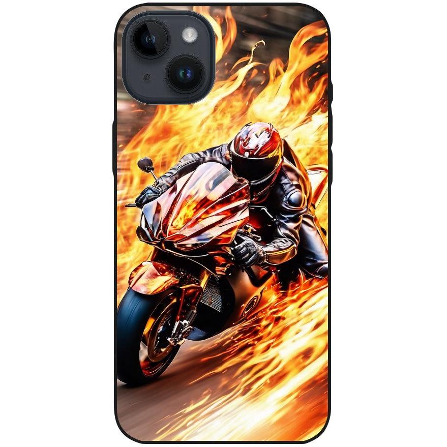 Hülle iPhone 14 Plus - Silikonhülle schwarz mit Motiv 14 Motorradfahrer in Flammen - personalisierbar