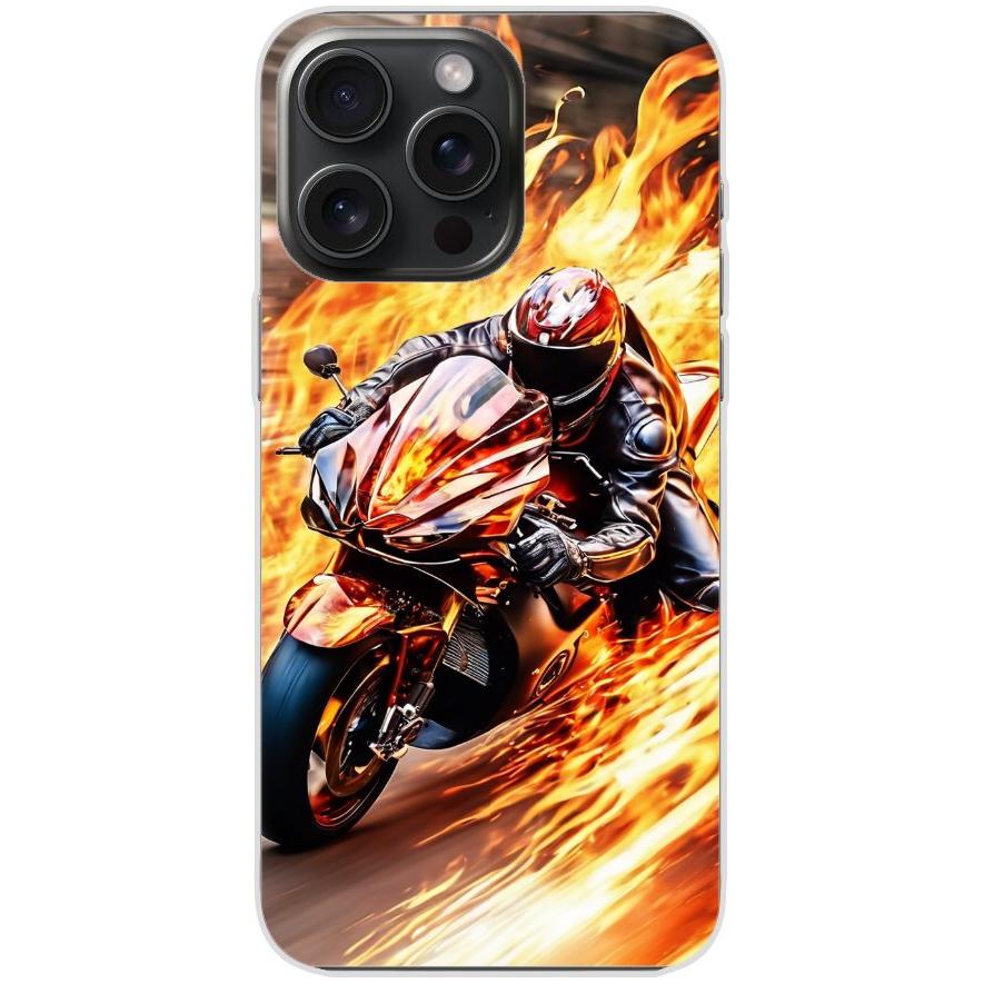 Handyhülle iPhone 15 Pro Max aus transparentem Silikon mit Motiv 14 Motorradfahrer in Flammen - personalisierbar