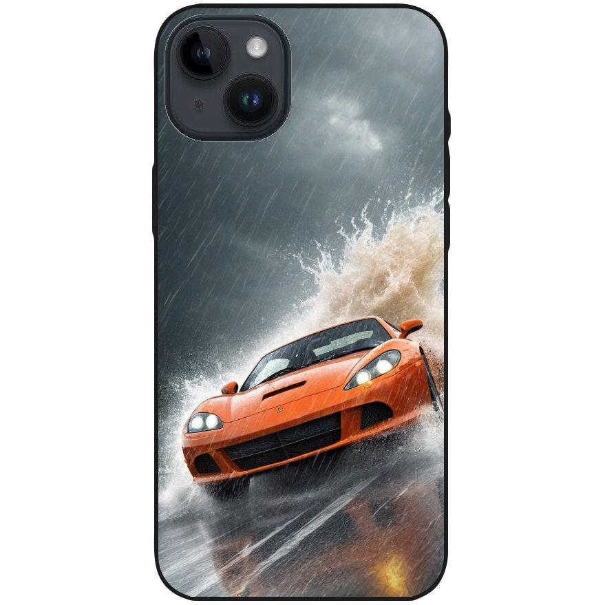 Hülle iPhone 14 Plus - Silikonhülle schwarz mit Motiv 4 oranger Sportwagen - personalisierbar