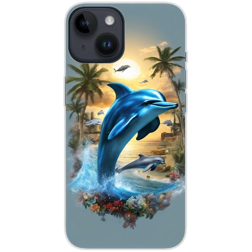 Handyhülle iPhone 14 aus transparentem Silikon mit Motiv 41 Delfin und Palmen - personalisierbar