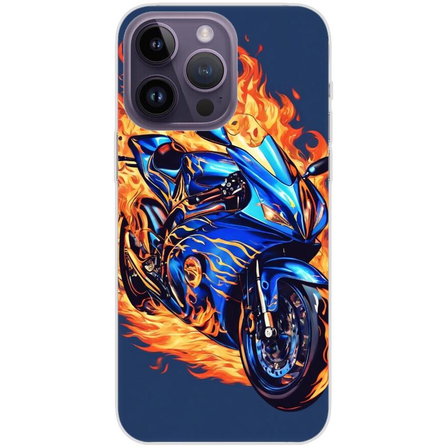 Handyhülle iPhone 14 Pro Max aus transparentem Silikon 2 Motorrad in Flammen - personalisierbar