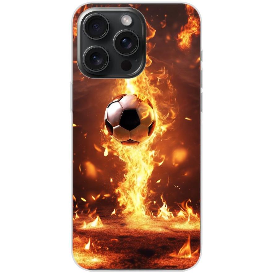 Handyhülle iPhone 15 Pro Max aus transparentem Silikon mit Motiv 37 Fußball in Feuer - personalisierbar