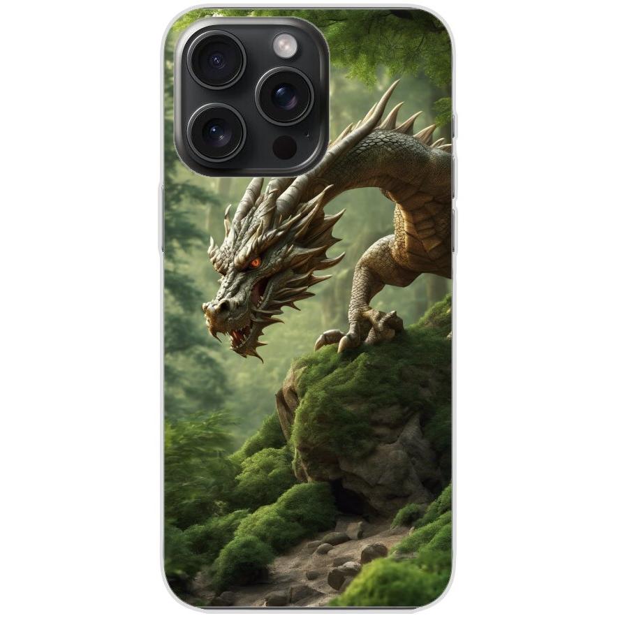 Handyhülle iPhone 15 Pro Max aus transparentem Silikon mit Motiv 45 Drache Felsen grün - personalisierbar