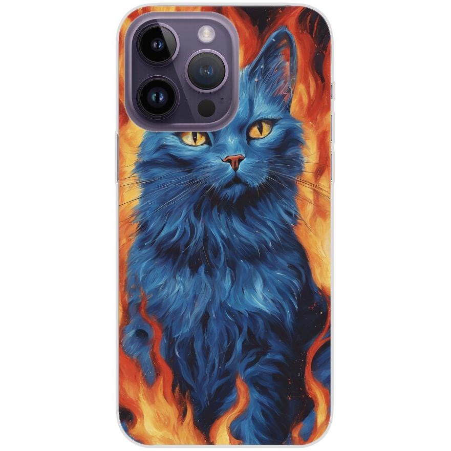 Handyhülle iPhone 14 Pro Max aus transparentem Silikon 7 blaue Katze in Flammen - personalisierbar