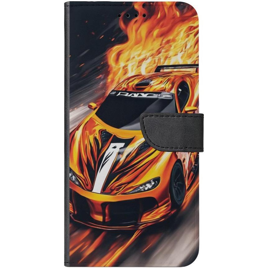 iPhone 13 Handyhülle aus Kunstleder mit Lasche Motiv 47 Sportwagen in Flammen - personalisierbar