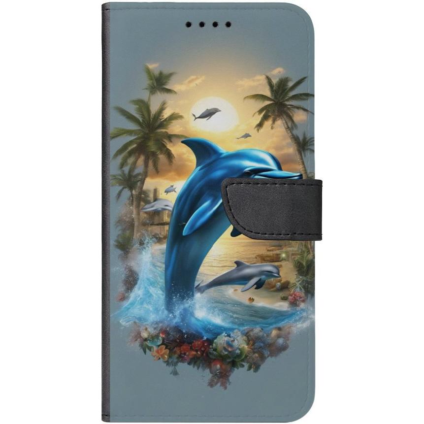 iPhone 13 Handyhülle aus Kunstleder mit Lasche Motiv 41 Delfin und Palmen - personalisierbar