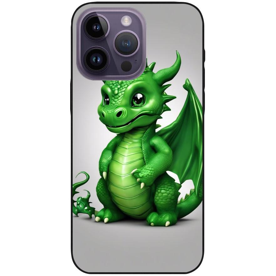 Hülle iPhone 14 Pro Max - Silikonhülle schwarz mit Motiv 3 grüner Baby Drache - personalisierbar