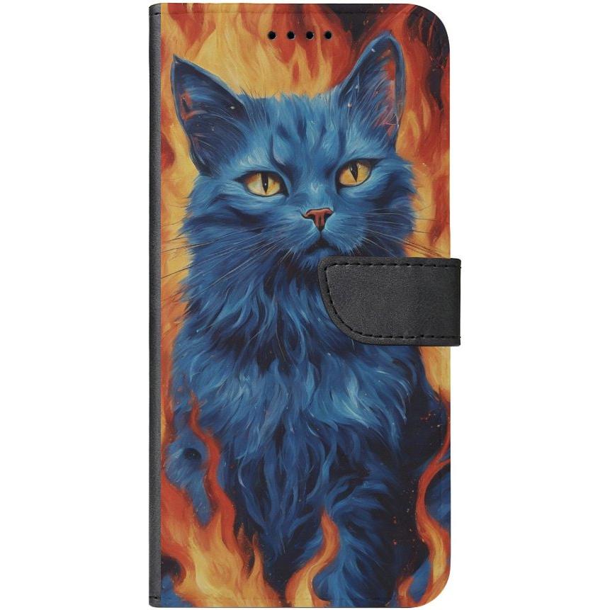 iPhone 15 Pro Max Handyhülle aus Kunstleder mit Lasche Motiv 7 blaue Katze in Flammen - personalisierbar