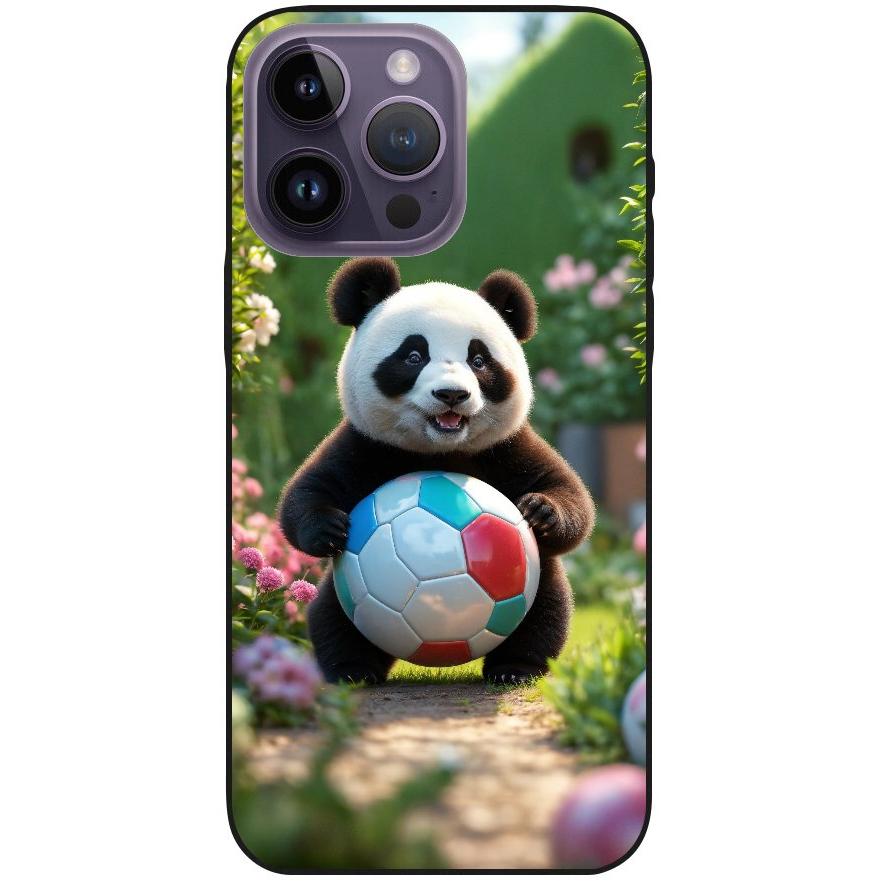 Hülle iPhone 14 Pro Max - Silikonhülle schwarz mit Motiv 49 Panda animiert mit Bällen - personalisierbar