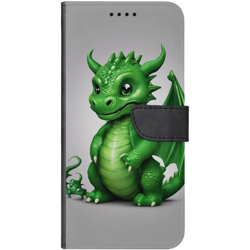 iPhone 15 Pro Max Handyhülle aus Kunstleder mit Lasche Motiv 3 grüner Baby Drache - personalisierbar
