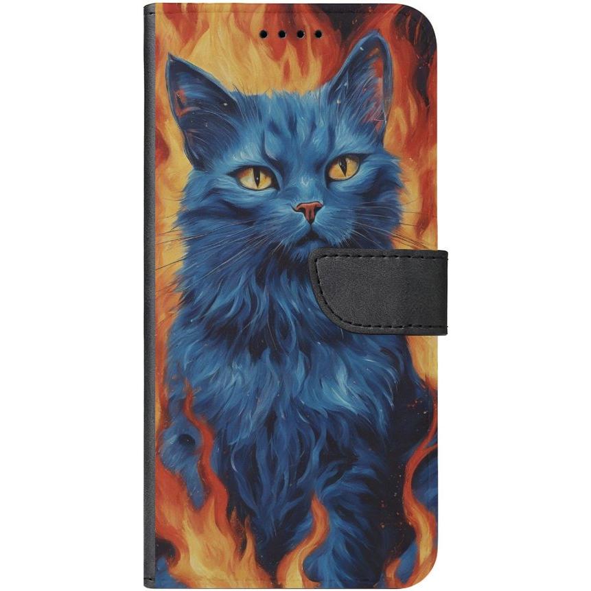 iPhone 14 Plus Handyhülle aus Kunstleder mit Lasche Motiv 7 blaue Katze in Flammen - personalisierbar