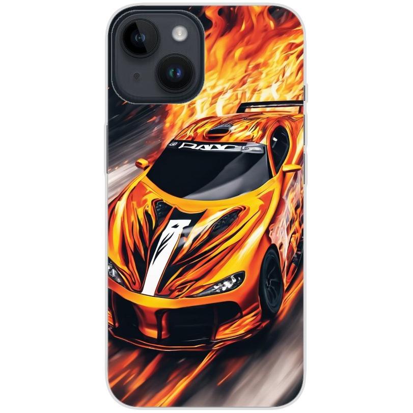 Handyhülle iPhone 14 aus transparentem Silikon mit Motiv 47 Sportwagen in Flammen - personalisierbar
