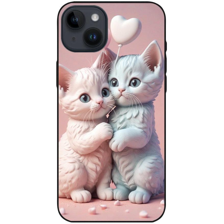 Hülle iPhone 14 Plus - Silikonhülle schwarz mit Motiv 1 zwei Kätzchen mit Herzen rosa - personalisierbar