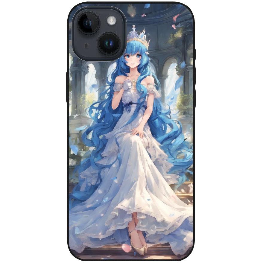 Hülle iPhone 14 Plus - Silikonhülle schwarz mit Motiv 34 Anime blaue lange Haare - personalisierbar