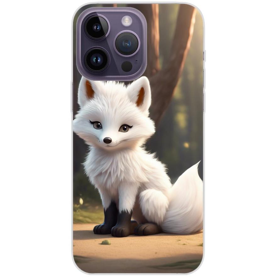 Handyhülle iPhone 14 Pro Max aus transparentem Silikon 16 weißer Fuchs animiert - personalisierbar