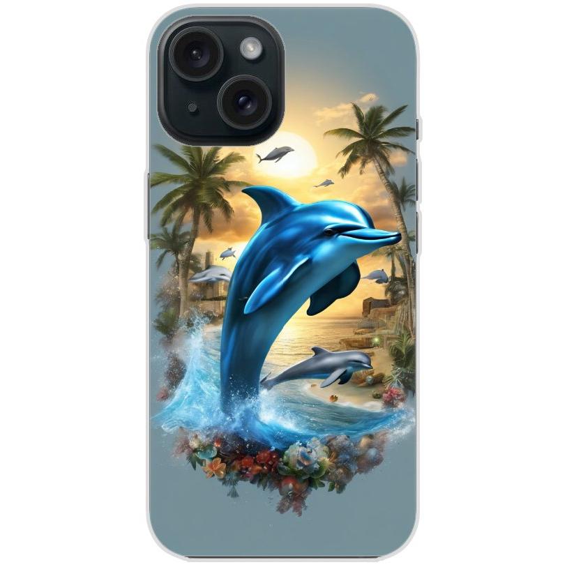 Handyhülle iPhone 15 aus transparentem Silikon mit Motiv 41 Delfin und Palmen - personalisierbar