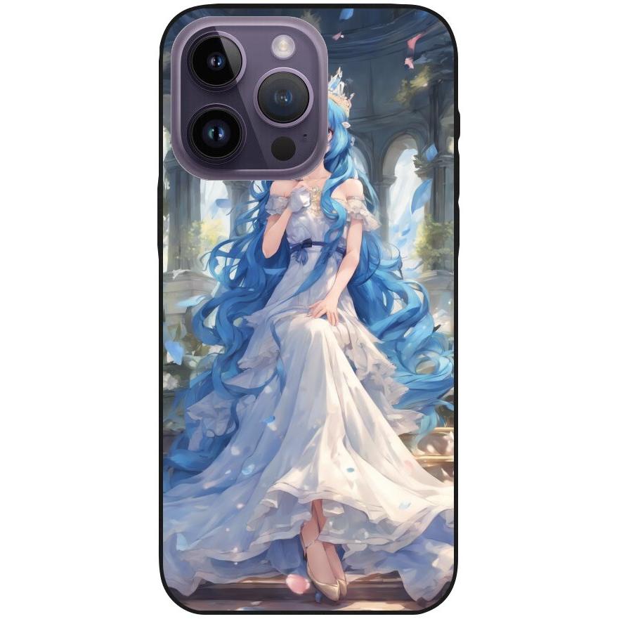 Hülle iPhone 14 Pro Max - Silikonhülle schwarz mit Motiv 34 Anime blaue lange Haare - personalisierbar