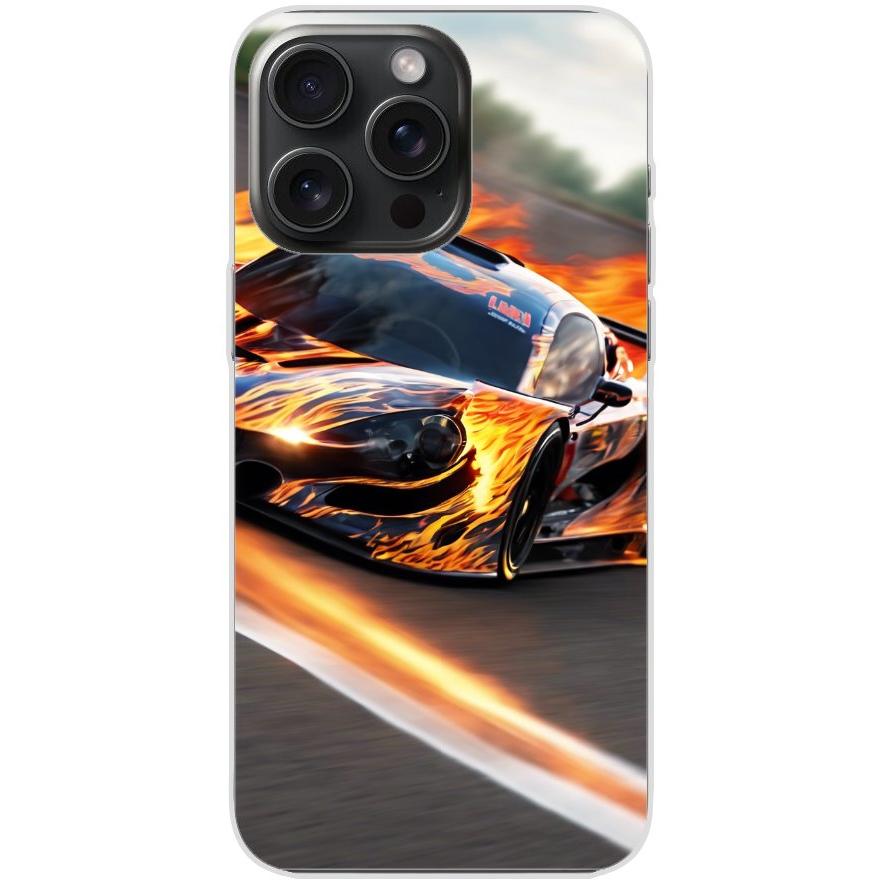 Handyhülle iPhone 15 Pro Max aus transparentem Silikon mit Motiv 13 Sportwagen in Flammen - personalisierbar