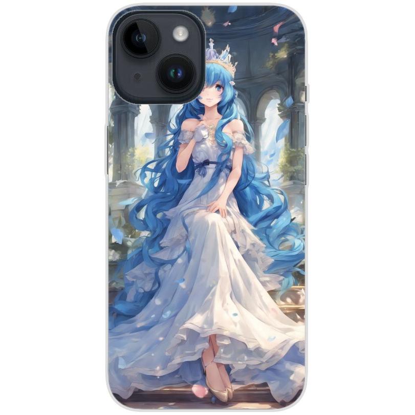 Handyhülle iPhone 14 aus transparentem Silikon mit Motiv 34 Anime blaue lange Haare - personalisierbar