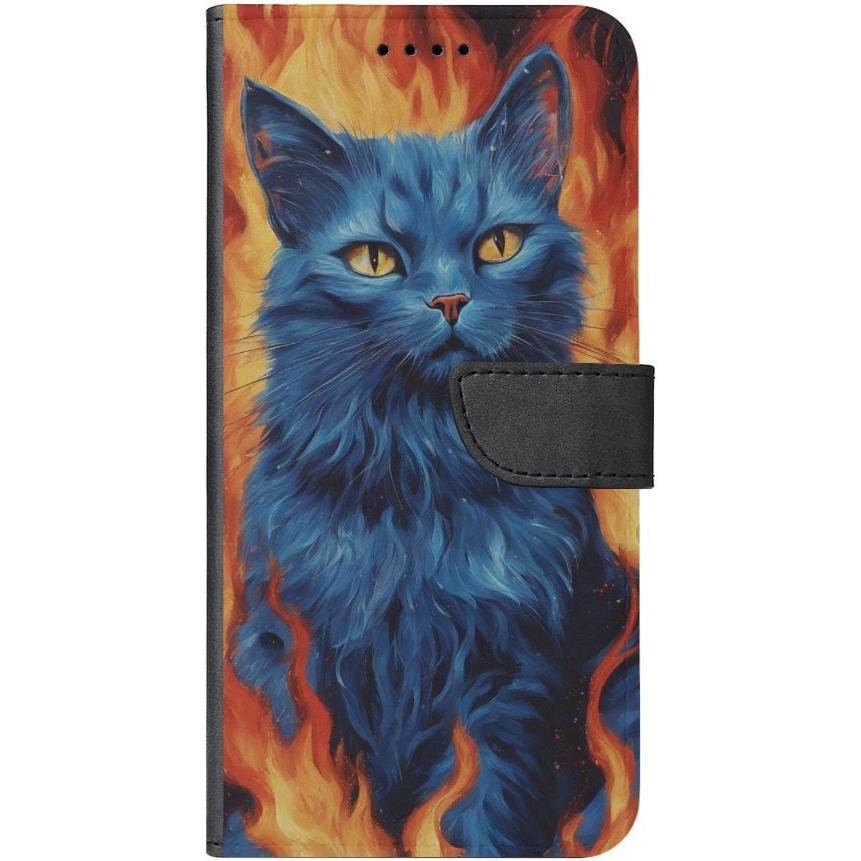 iPhone 13 Handyhülle aus Kunstleder mit Lasche Motiv 7 blaue Katze in Flammen - personalisierbar