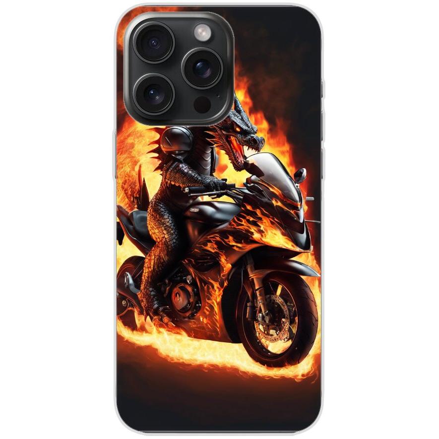 Handyhülle iPhone 15 Pro Max aus transparentem Silikon mit Motiv 24 Drache auf Motorrad - personalisierbar